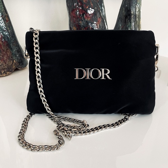 DIOR Black silk bag silver chain logo shoulder purse clutch - Picture 1 of 8